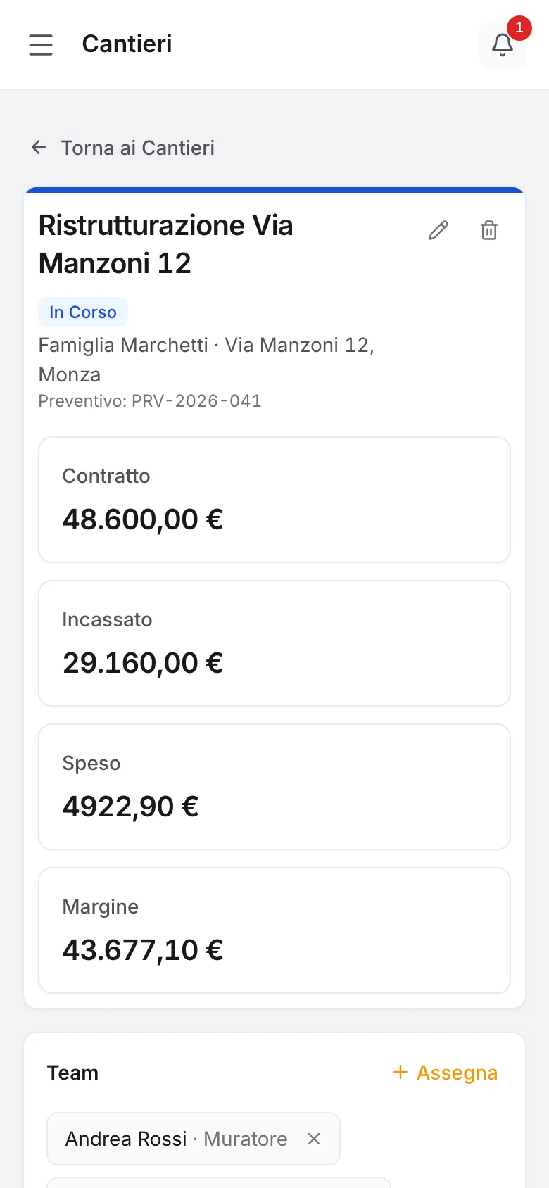 Un cantiere aperto in Cantieri Online dal telefono: contratto, incassato, speso e margine.